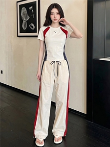 韩版时尚休闲套装女夏季新款高级感圆领撞色拼接上衣阔腿裤两件套图片