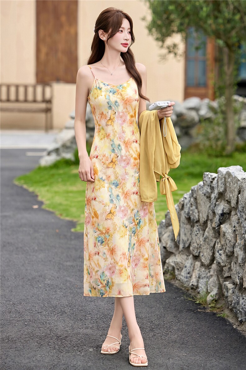 复古碎花吊带连衣裙针织披肩一整套女春夏2026新款精致大方两件套,女装连衣裙,意芙