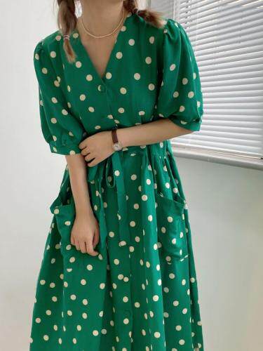 波点连衣裙，高品质亚麻，女装连衣裙，LUCY