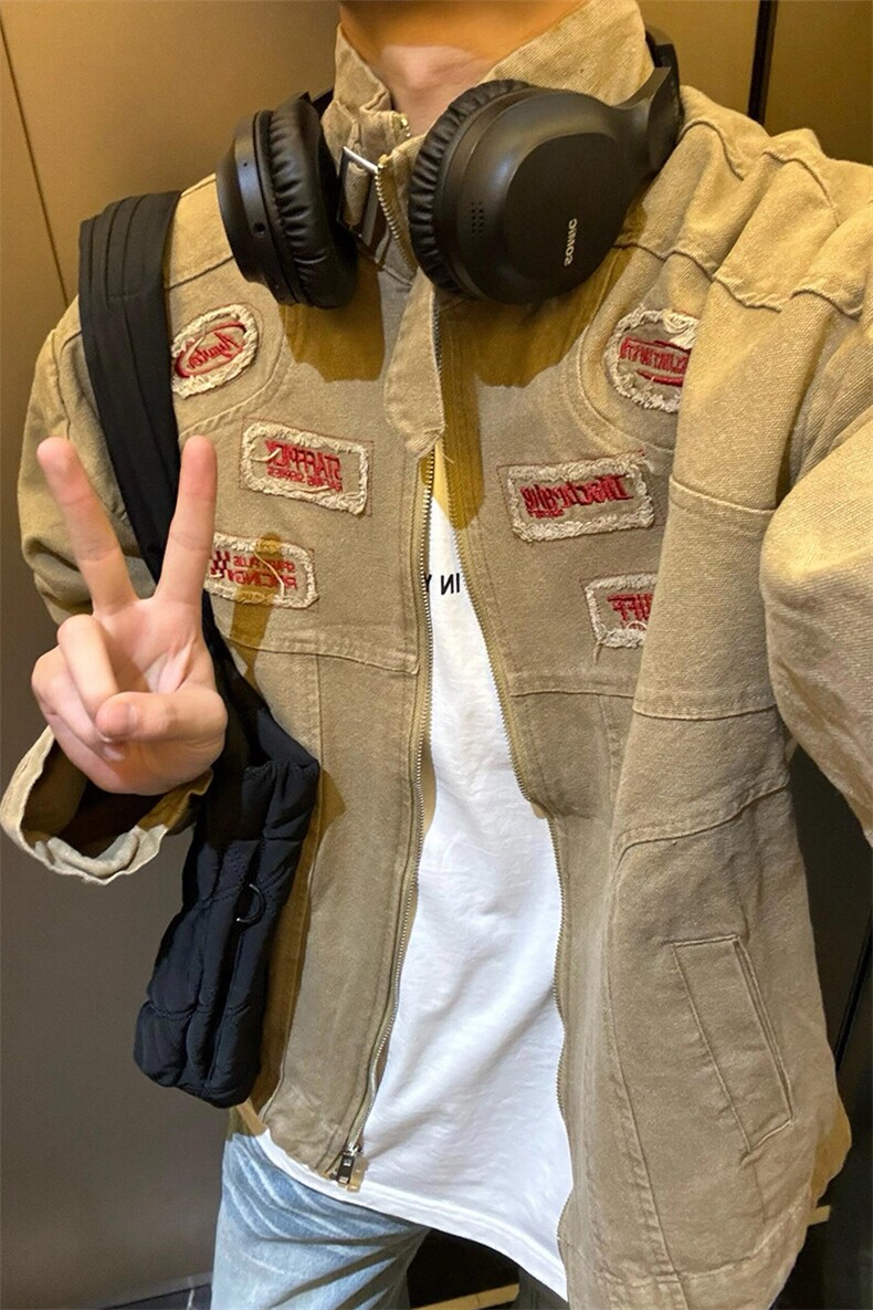 美式机车风贴布字母刺绣立领夹克复古工装外套JKJ41特P60,男装夹克,星座908-1