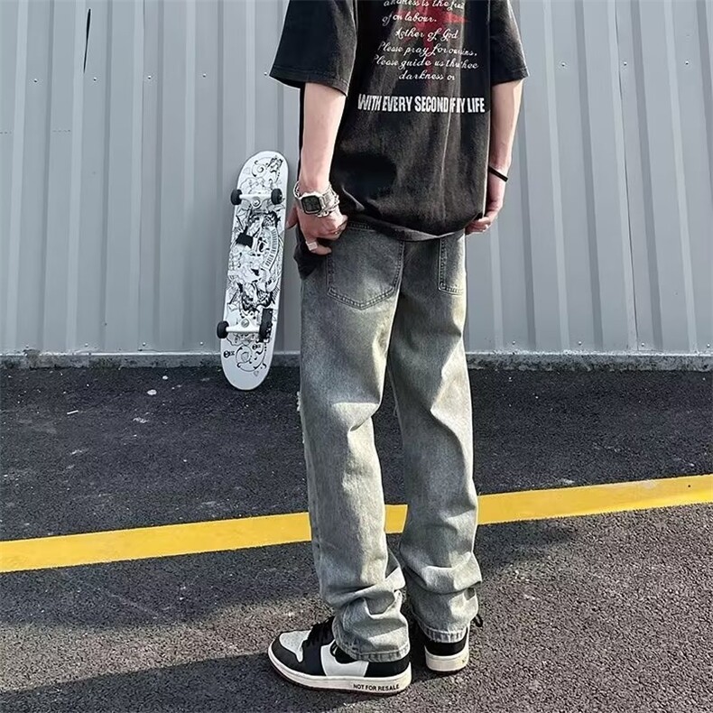 美式高街水洗做旧破洞印花牛仔裤男欧美宽松直筒长裤ins潮,男装牛仔裤,星座1210-1