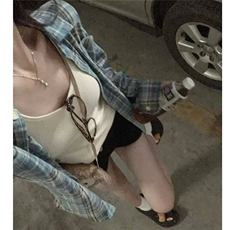 美式复古流苏破坏蓝色格子衬衫春秋潮牌小众毛边设计男女衬衣外套，男装衬衫，星座506A