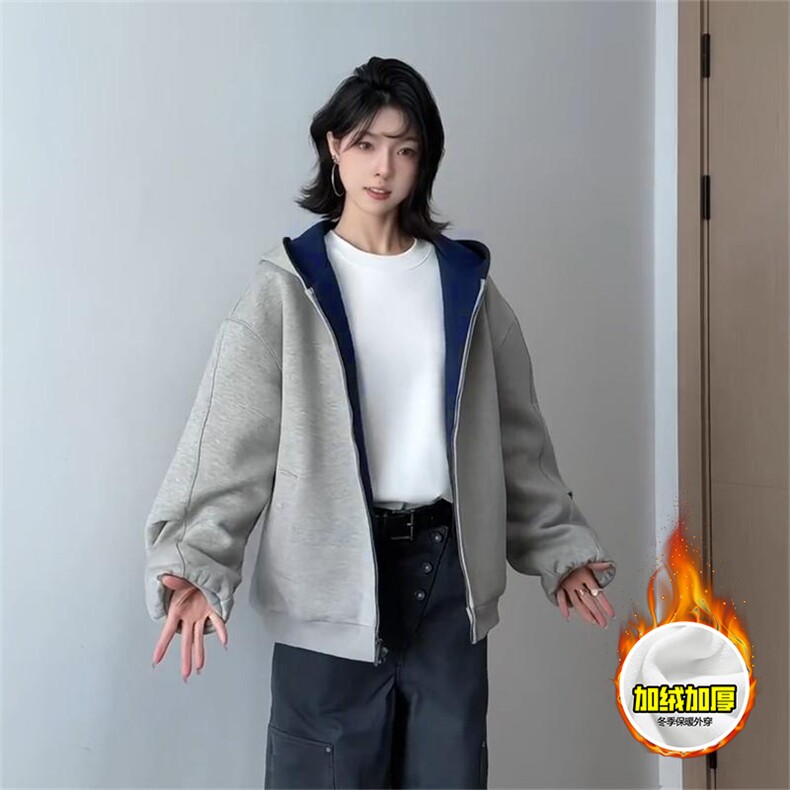 480G重磅加绒硬挺boxy男女秋冬美式高街结构双面连帽卫衣开衫外套,女装短外套,电商A486