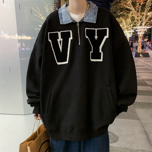 潮牌牛仔领半拉链卫衣男chic痞帅百搭套头T恤polo衫WY0768-P40图片