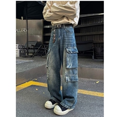 多口袋工装阔腿牛仔裤男美式复古宽松休闲百搭水洗直筒裤子，男装牛仔裤，星座516A
