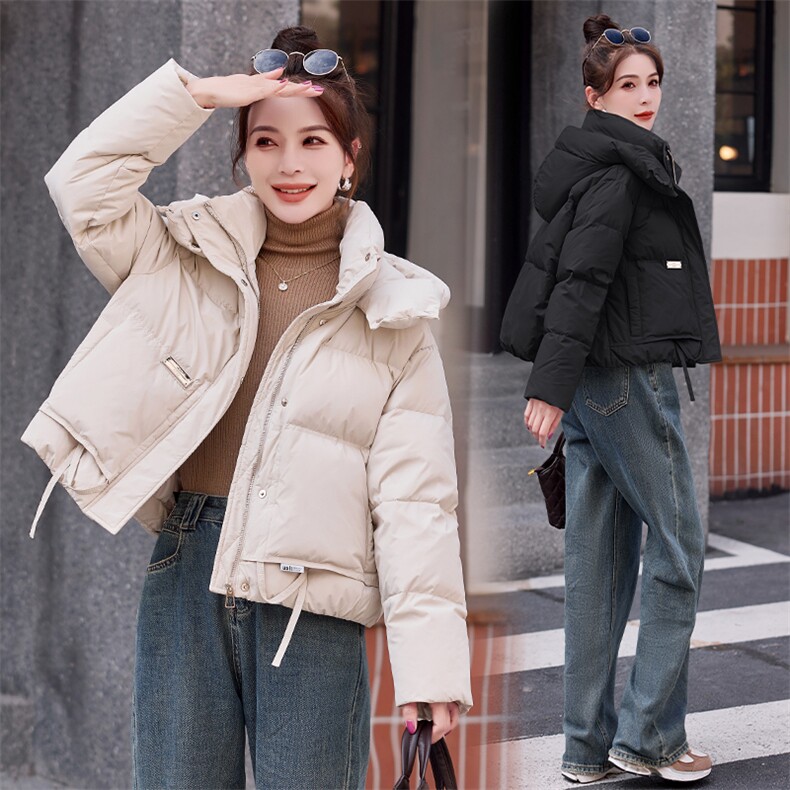 欧货连帽短款羽绒服女2024年冬季新款小个子白鸭绒面包服保暖外套,女装羽绒服,韩蜜菓