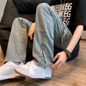 小众设计感拉链开叉牛仔裤男春夏季美式复古宽松直筒裤N0769-P45图片