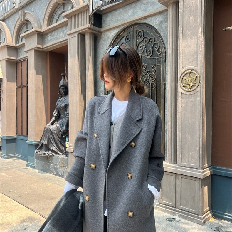 2025年夏季新款百搭女士长款长袖polo领大衣，女装双面呢大衣，蒙绒特