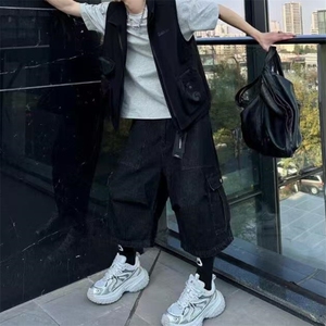 美式vibe水洗牛仔宽松阔腿牛仔裤男复古潮流直筒休闲百搭七分裤子图片