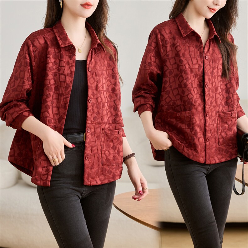 红色提花衬衫外套女春秋2025新款小个子宽松百搭休闲翻领夹克上衣，女装衬衫，素月