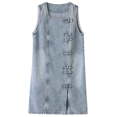 新中式盘扣牛仔裙女方领连衣裙2024夏新款无袖背心裙时尚减龄裙子，女装连衣裙，跑量工厂店