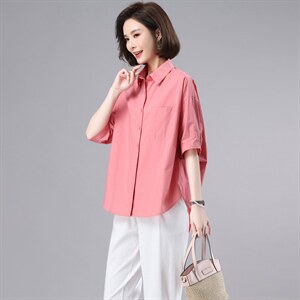 纯棉衬衫女五分袖夏季薄款2022新款宽松中年妈妈休闲法式短袖衬衣图片