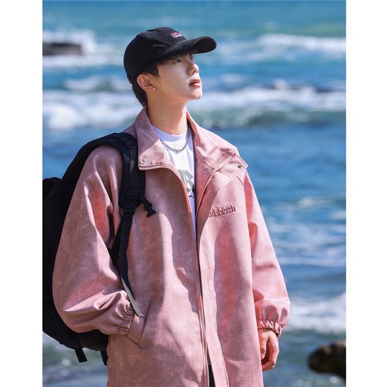 港风立领PU皮复古做旧面料钢印字母设计夹克男JK77755P95控128，男装夹克，星座227-7