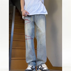牛仔裤男春秋季潮牌高街复古休闲直筒裤设计感阔腿长裤N9902-P47，男装牛仔裤，星座208-5