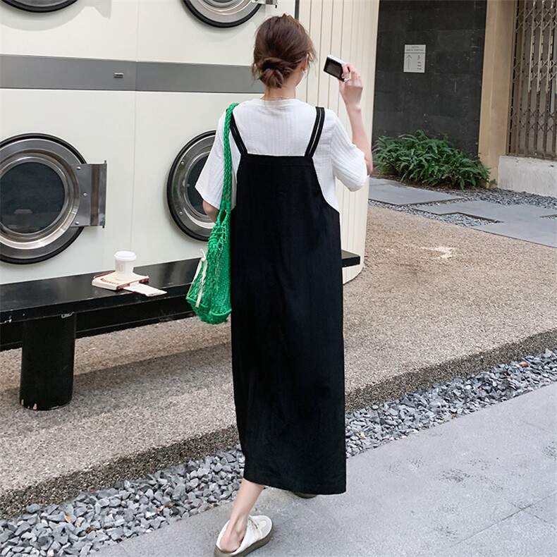设计感黑色假两件背带连衣裙女夏季韩版独特漂亮气质显瘦T恤长裙,女装连衣裙,2C206