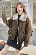 复古毛领派克羽绒服女冬短款小个子牛角扣加厚白鸭绒内胆毛呢外套，女装羽绒服，艾米莉亚