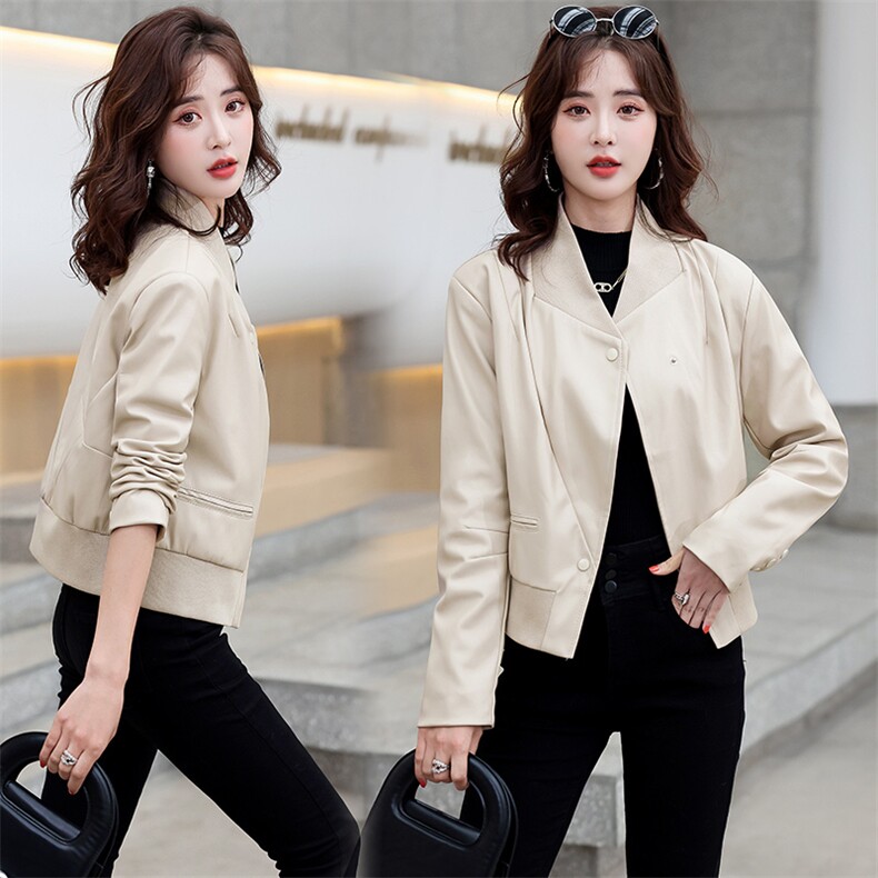 现货秋季潮流新款皮衣短款宽松长袖机车服外套2022拼接皮夹克,女装皮衣,江南女神