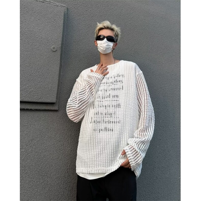 镂空假两件长袖t恤男秋季高级感发型师潮牌男装小众防晒罩衫上衣,男装针织衫/毛衣,星座813-2