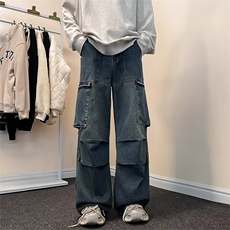复古工装牛仔裤男高腰显瘦大口袋设计感宽松百搭K2250-P55，男装牛仔裤，星座1109-3