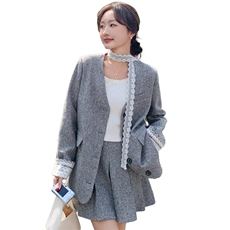 灰色设计感蕾丝拼接小香风套装裙女2025春季气质半身裙两件套，女装套装/套裙，幸运星
