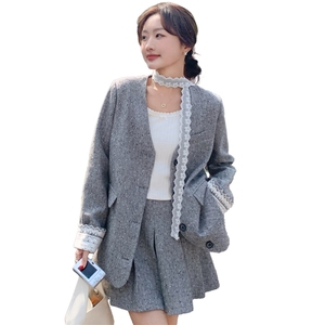 灰色设计感蕾丝拼接小香风套装裙女2025春季气质半身裙两件套图片