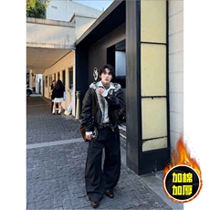 现货冬季美式潮牌痞帅PU皮机车服棉衣毛毛绒狼王座山雕皮棉服，男装棉衣，电商A486