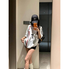 美式运动t恤女夏季拼接短袖oversize宽松休闲情侣上衣LT811-p44，男装T恤，星座1008