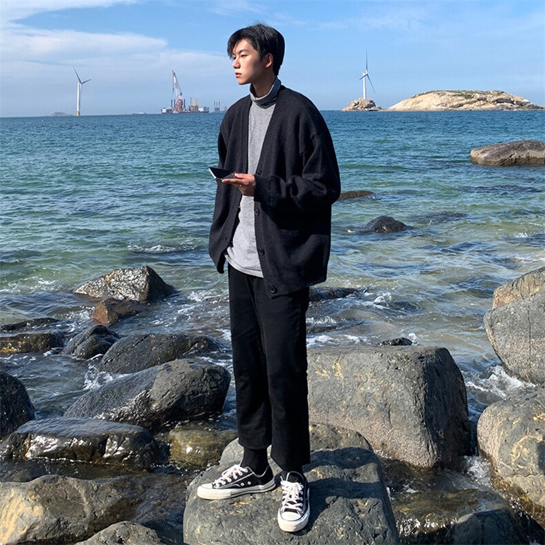 时尚针织衫复古穿搭港风文艺休闲V领慵懒风开衫毛衣HY415TP55控88,男装针织衫/毛衣,电商A102B