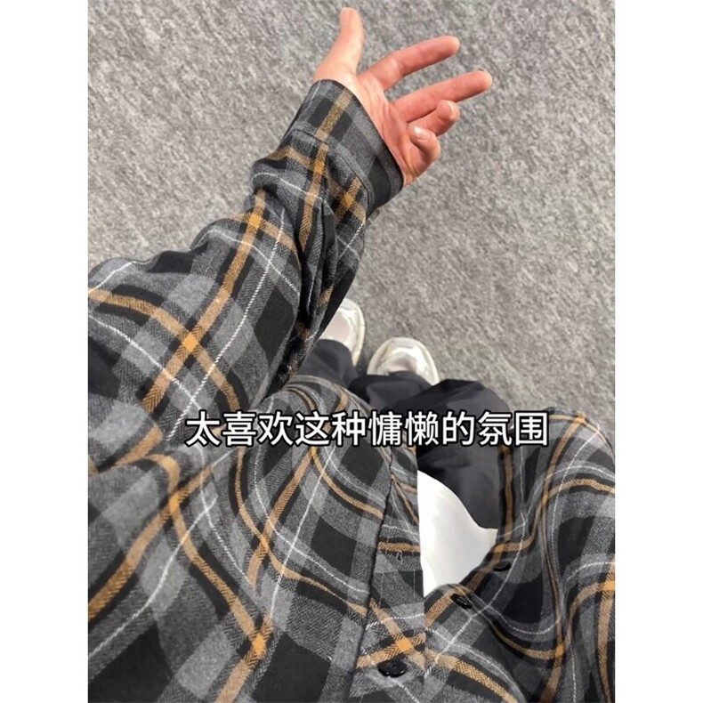黑色格子衬衫高级感痞帅美式复古外套休闲衬衣CS005特P39,男装衬衫,星座908-1