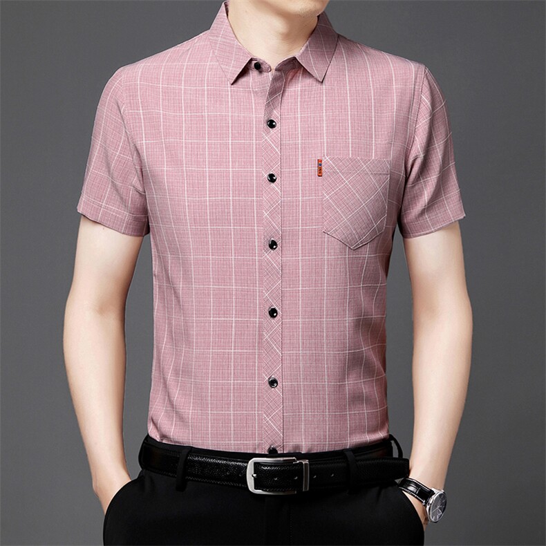 短袖格子衬衫男翻领纯色上衣服夏季中老年男士休闲百搭半袖衬衣,男装衬衫,电商B212（原钱塘6029）