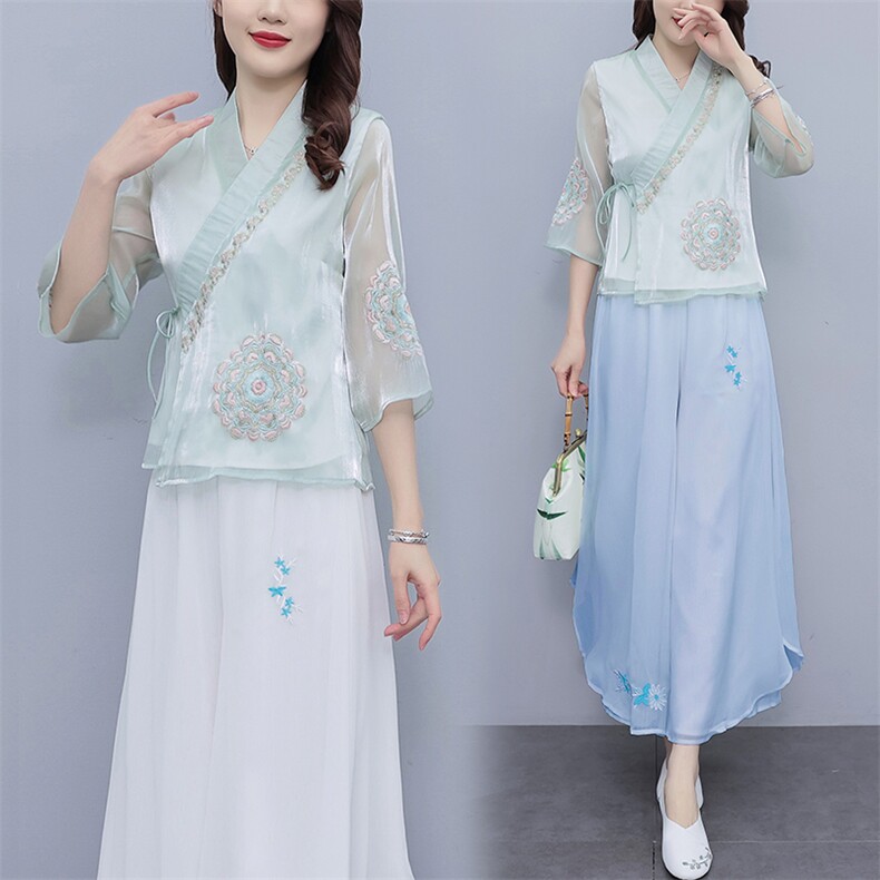 芷墨新款复古女装俩件套改良日常汉服套装超仙绣花中式上衣裤子女,女装套装/套裙,芷墨服饰