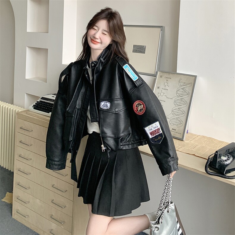 贴标黑色工装皮衣外套女春秋2025新款短款小个子pu皮夹克美式韩系,女装短外套,2C201