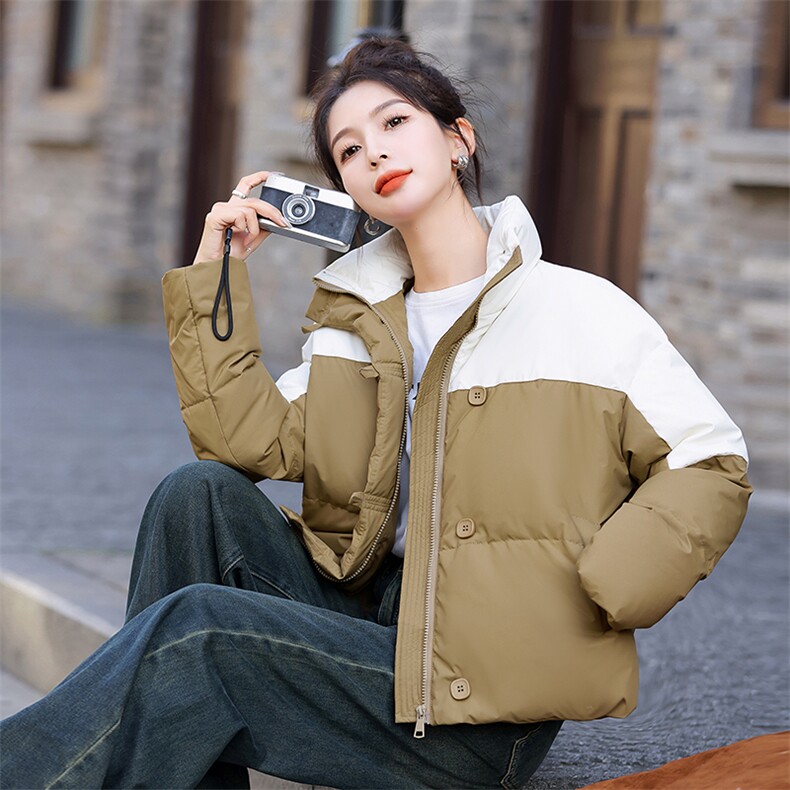 时尚撞色羽绒服女2025冬季新款宽松短款立领白鸭绒加厚面包服外套,女装羽绒服,姿衣坊