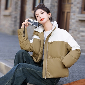 时尚撞色羽绒服女2025冬季新款宽松短款立领白鸭绒加厚面包服外套图片