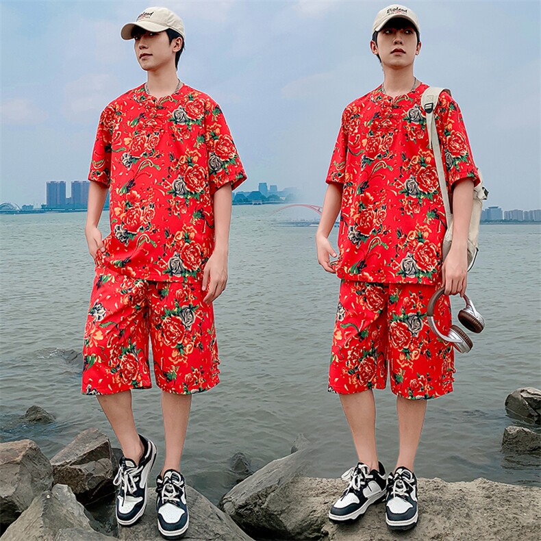TZZ风盘扣T恤裤子大码团队服东北大花套装男女表演出新中式服图片