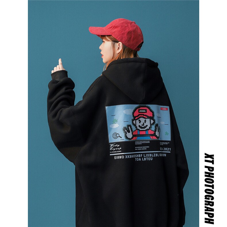 中性风秋装卡通印花连帽卫衣男情侣装休闲卫衣女外套G951P53,女装短外套,电商A339