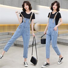 2021夏季女装春季牛仔背带裤女减龄新款韩版宽松洋气{码子偏小}，女装牛仔裤，布衣桑