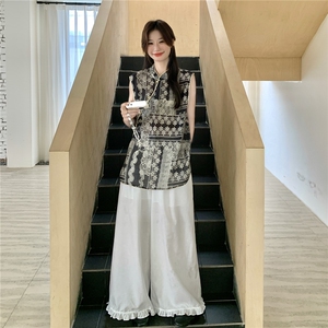 新中式国风女2025夏季新款独特漂亮印花改良旗袍阔腿裤图片