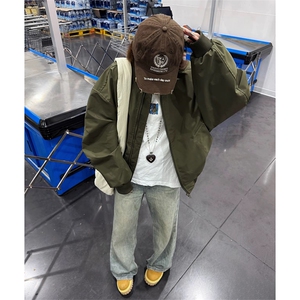 抖音得物美式潮休闲夹克春季立领纯色复古工装加厚棉服外套MF01