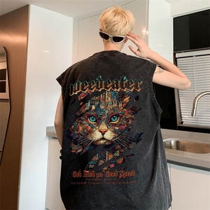 水洗做旧纯棉坎肩背心男款夏季美式潮牌猫咪印花修身痞帅无袖T恤图片