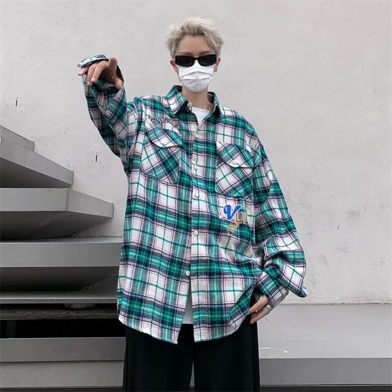 高街潮刺绣字母格子衬衫男高级感小众衬衫HC111P40,男装衬衫,星座1116-2