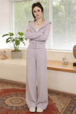 慵懒风时尚休闲套装女春季新款韩系连帽拉链外套阔腿长裤两件套潮，女装套装/套裙，江南