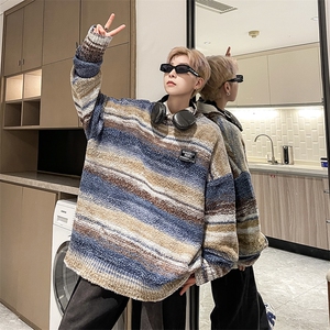 日系宽松慵懒风毛衣男2024春秋季条纹针织衫港风宽松情侣线衣图片