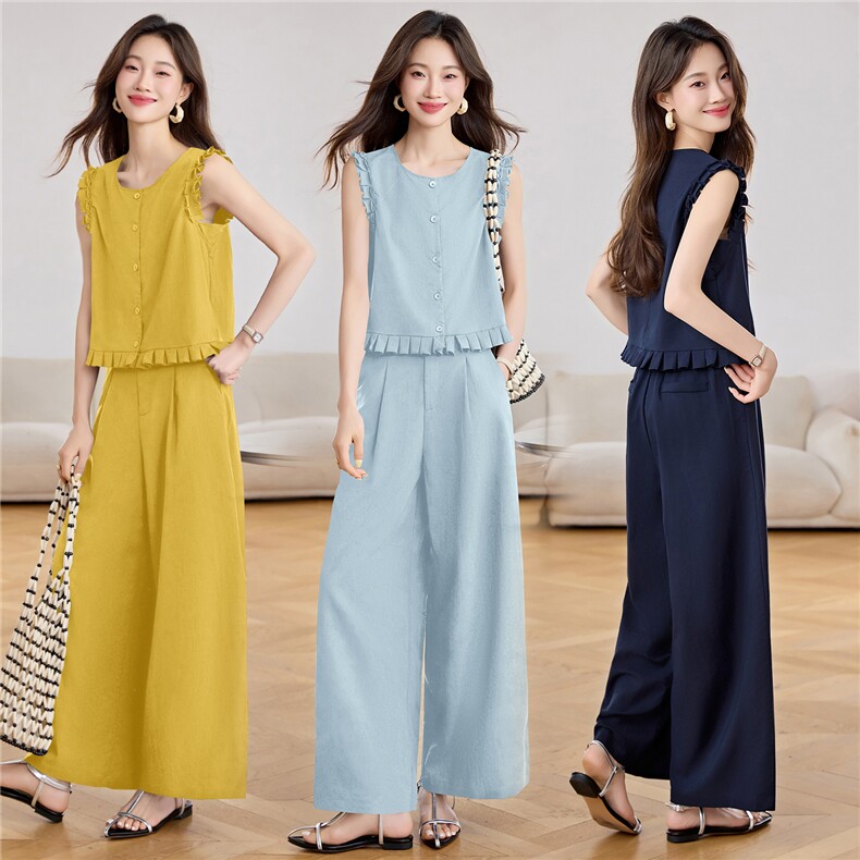 无袖套装女2025夏季新款巨好看的老钱风气质减龄阔腿裤穿搭一整套，女装套装/套裙，贵人树