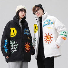 新标白鸭绒羽绒服加厚立领短款青年情侣涂鸦外套女DB6585-P155，男装羽绒服，星座1210A