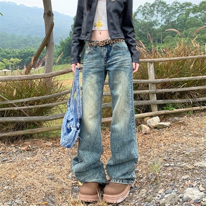 小众美式复古高街黄泥微喇叭裤男高腰直筒水洗做旧牛仔裤