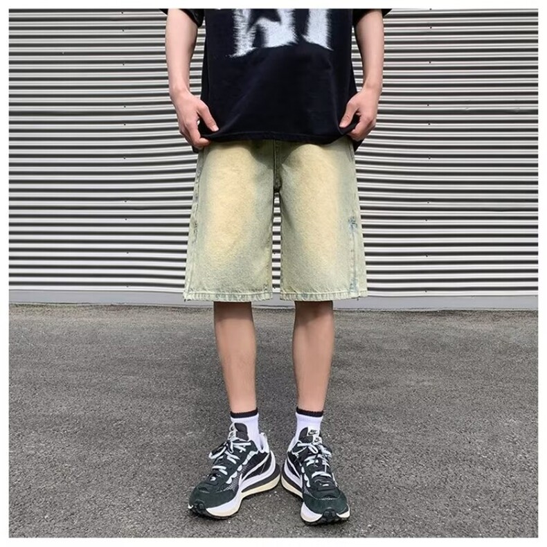 牛仔短裤男夏季美式复古潮牌拉链开叉裤子宽松直筒五分裤A519-P36图片