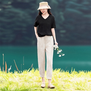 2026年夏季文艺风女短袖宽松亲肤透气常规亚麻棉图片
