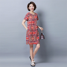 纯色时尚2021年夏季圆领宽松腰印花简约百搭短袖连衣裙，女装连衣裙，独衣靓