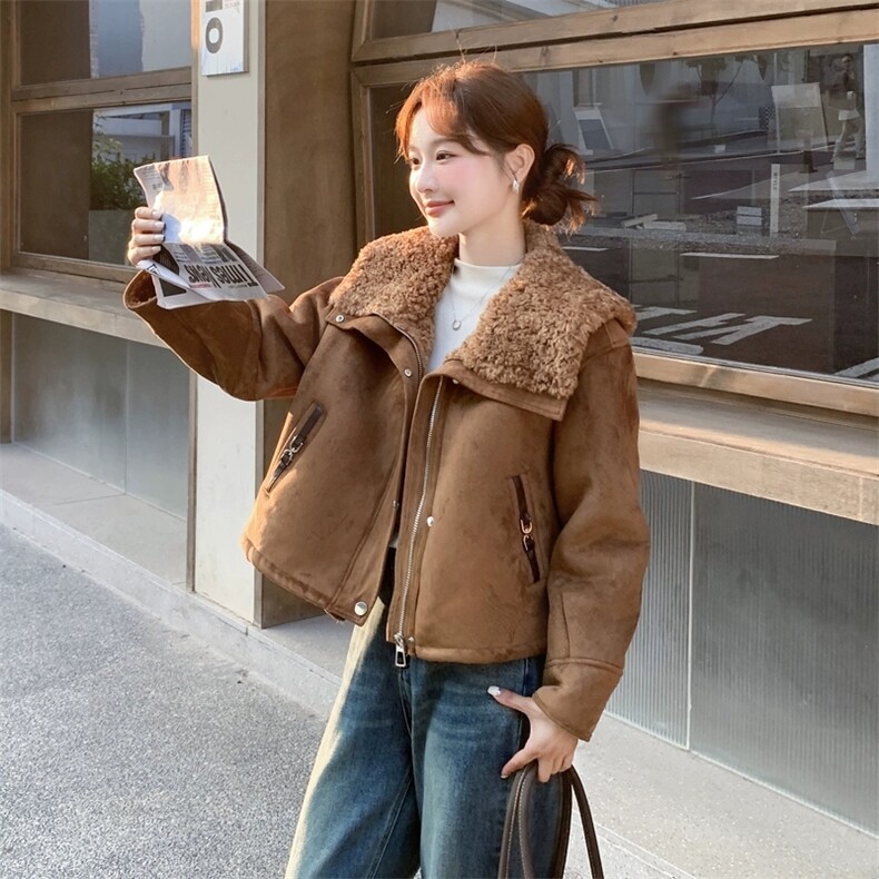 羊羔毛外套毛绒大翻领皮毛一体保暖上衣女冬，女装羊羔毛/颗粒绒，浙宝192（原082）